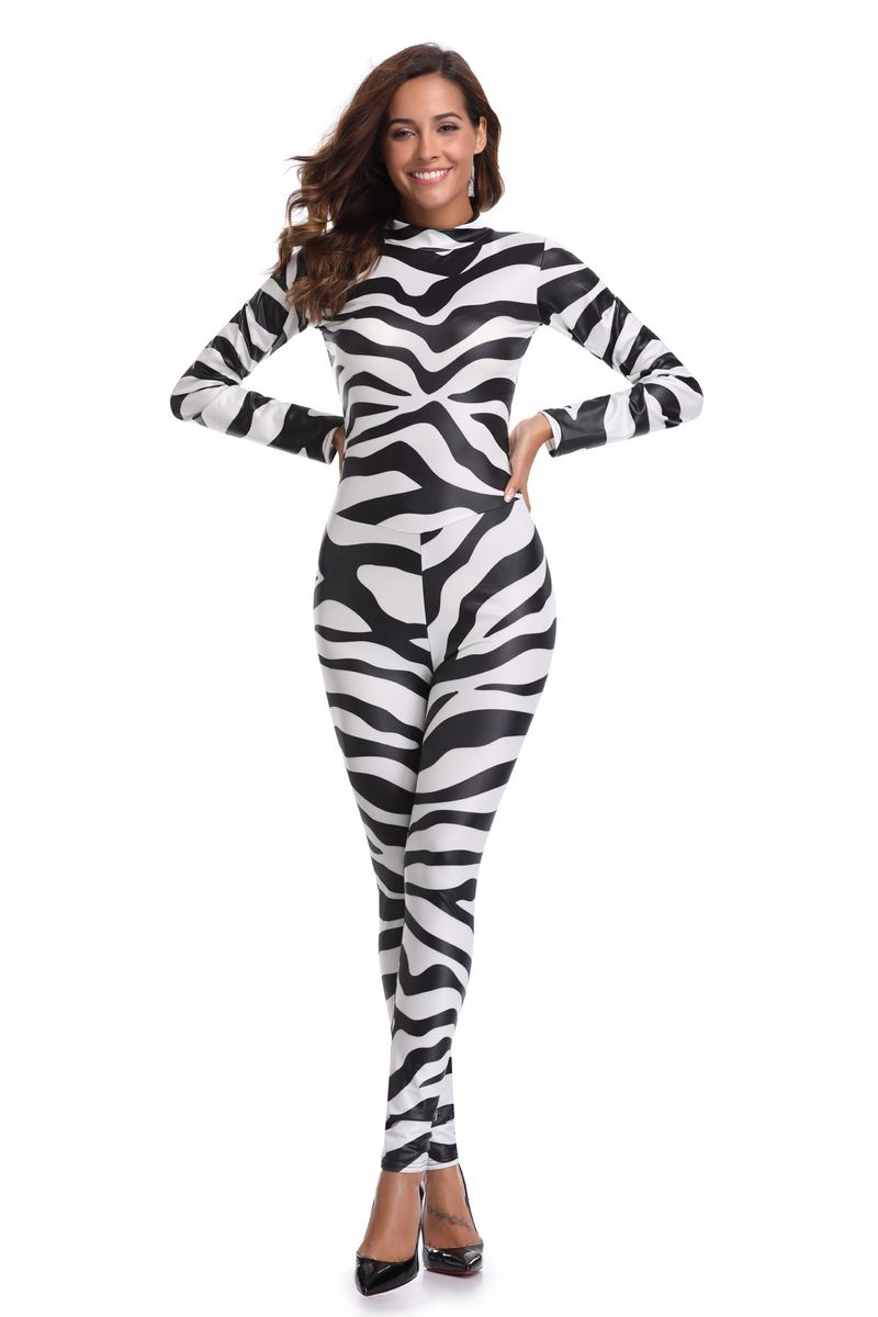 F1822 Sexy Halloween zebra Print Catsuit Party Fancy Dress Jumpsuit playsuit